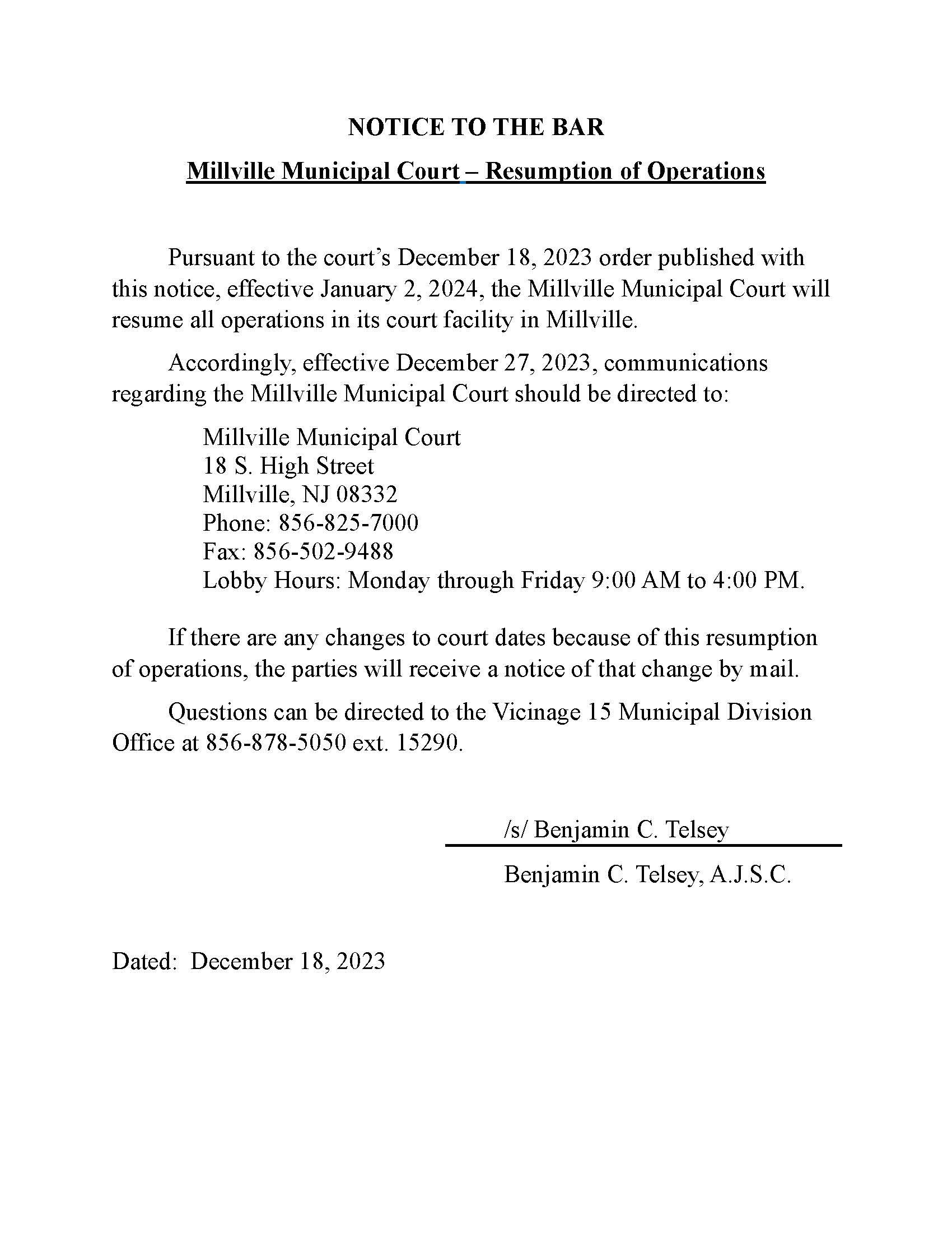 Notice - Millville Municipal Court Resumption of Operations - notice dated 12-18-23